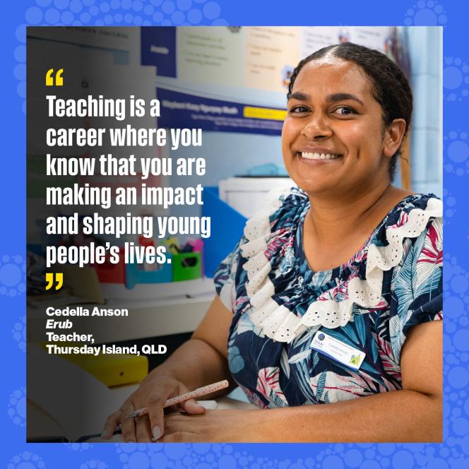 Social media tile - Cedella Anson. Image of a smiling woman seated at a desk, wearing a colourful top with dark hair pulled back.  The quote reads 'Teaching is a career where you know you are making an impact and shaping young people's lives.'